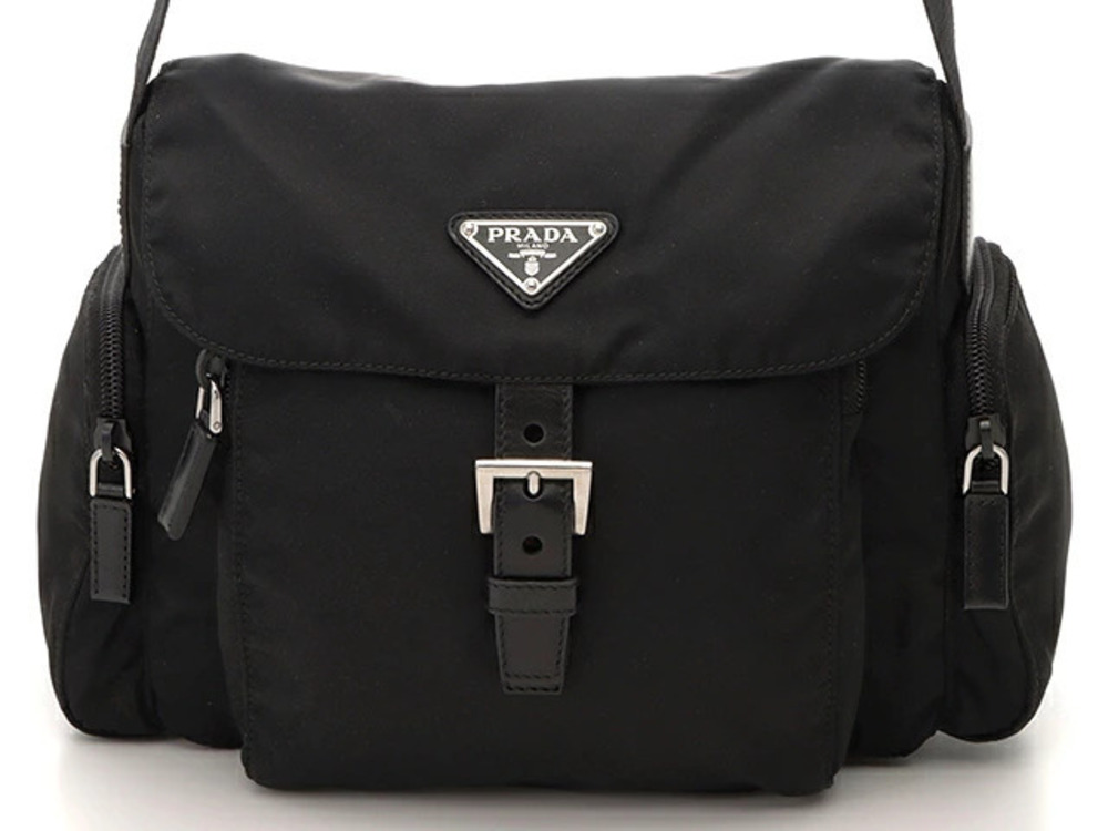 Prada messenger bag signature triangle logo front buckle Black
